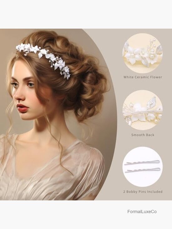 Wedding Headband With Ceramic Flowers Pearls Leaves Design  display picture 3